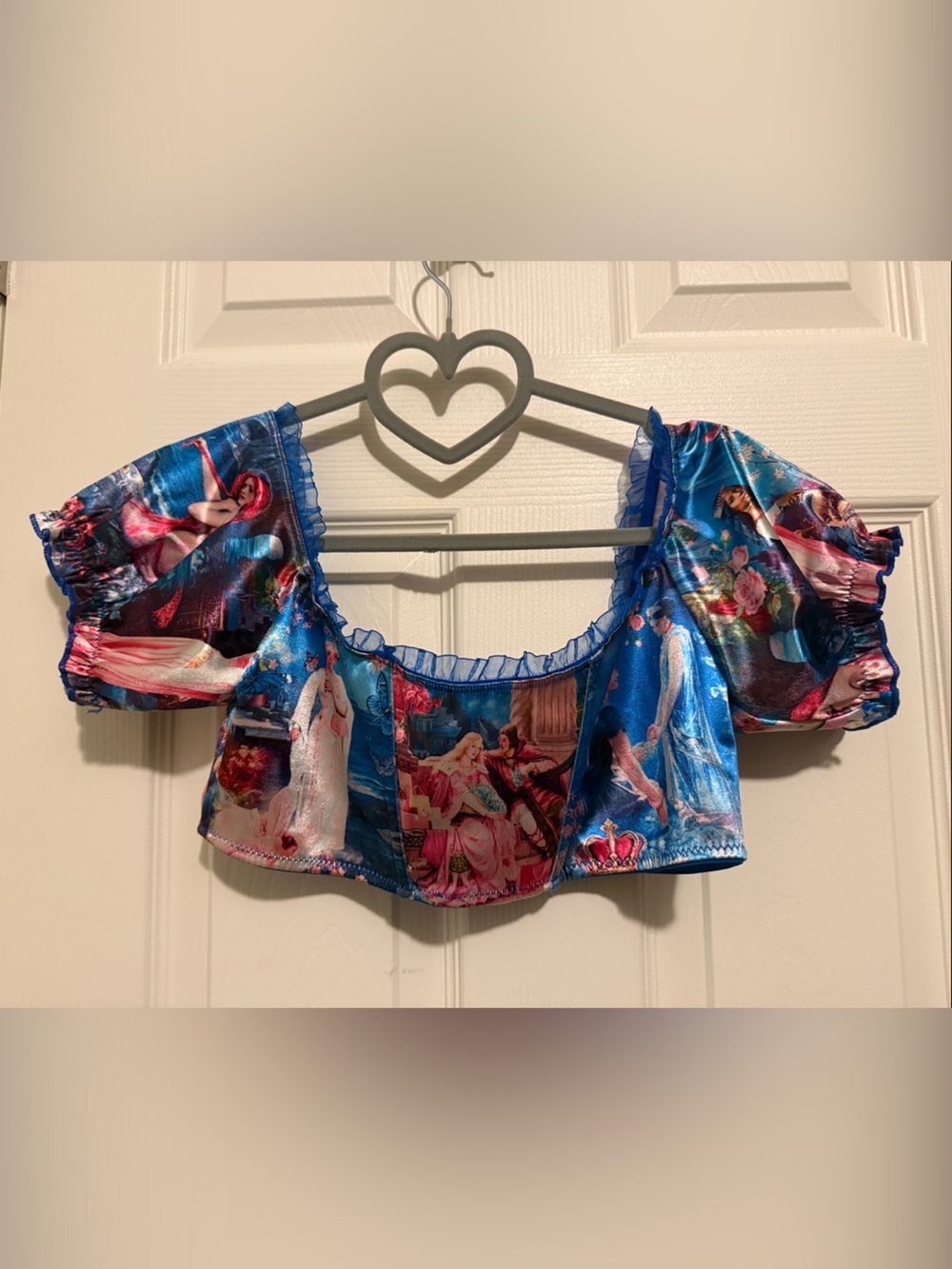Sugar Thrillz Blue Princess Print Ruffle Sleeve Crop Top - Picture 1 of 4